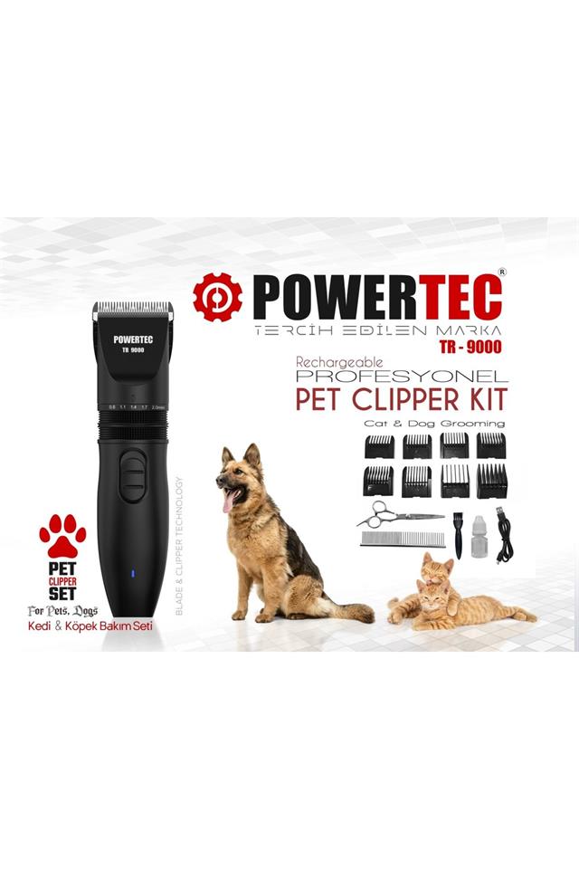 Powertec TR-9000 Kedi Köpek Tıraş Makinesi Seti Pet Evcil Hayvan Tüy Kesme (Makas ve Metal Tarak Hediyeli)
